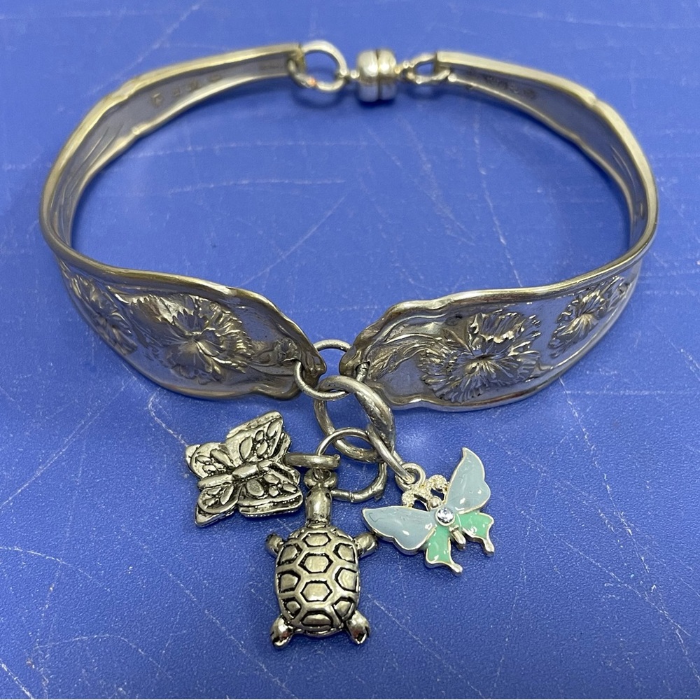 Vintage Artisan Butterfly & Turtle Charm Silver Spoon Bracelet Floral Pattern